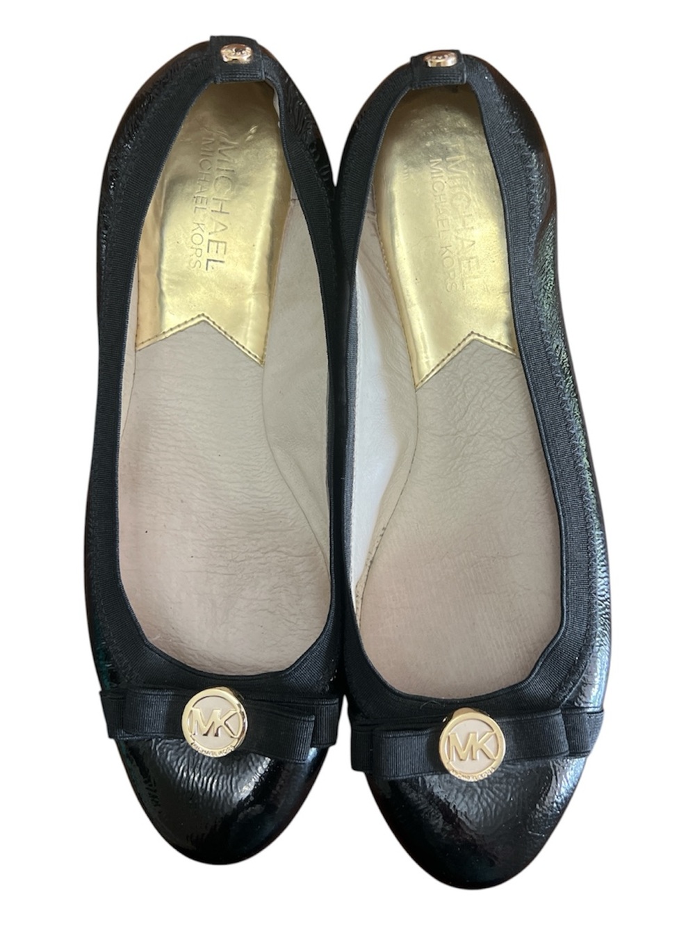 Michael Kors Black Patent Ballet Flats Gold Logo Bow Women’s 9.5